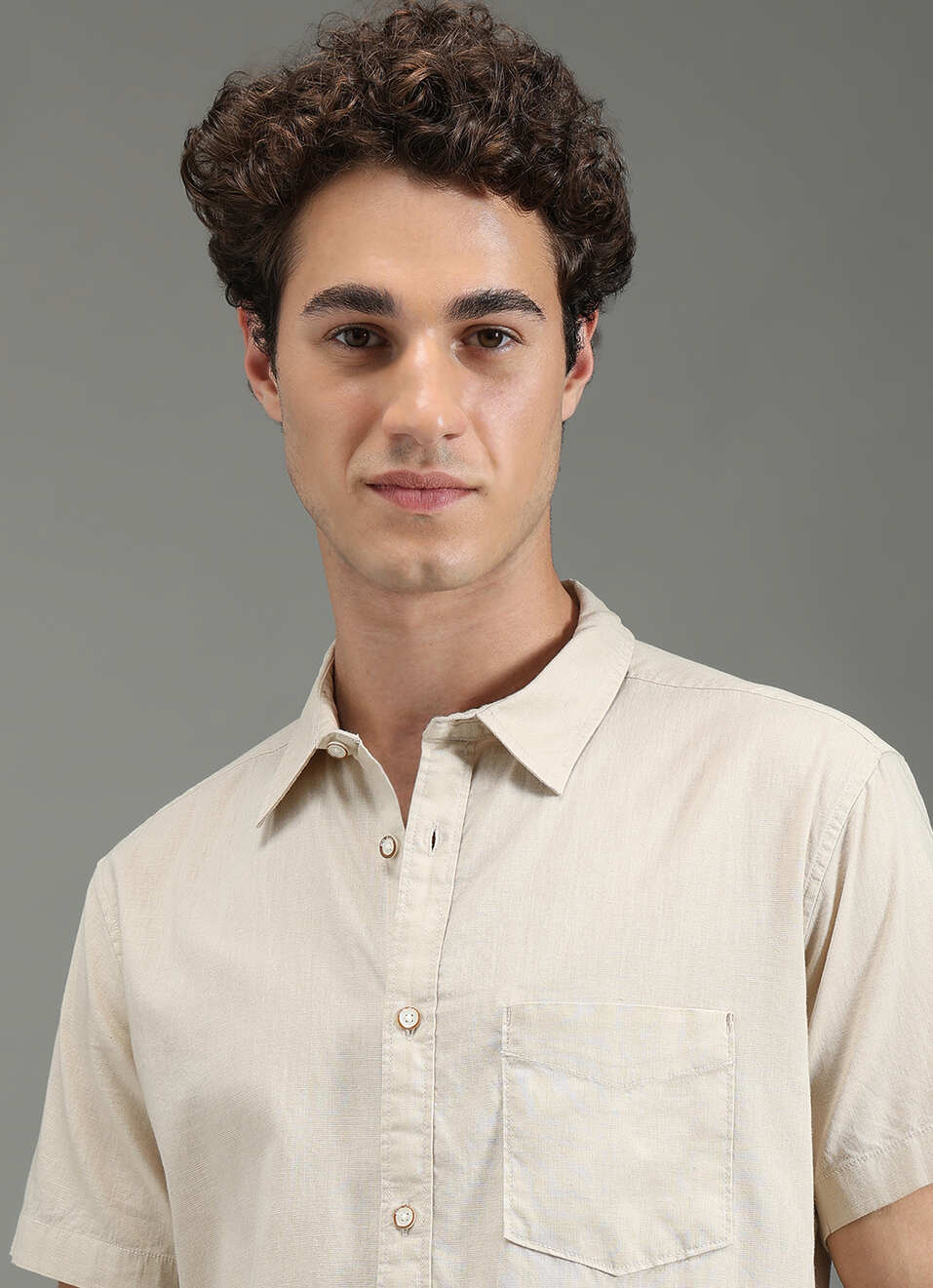 Men Beige Solid Short Sleeve Shirt, , large image number 4