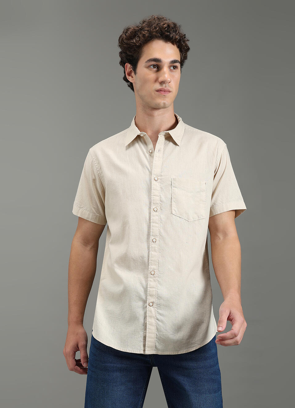 Men Beige Solid Short Sleeve Shirt, , large image number 5