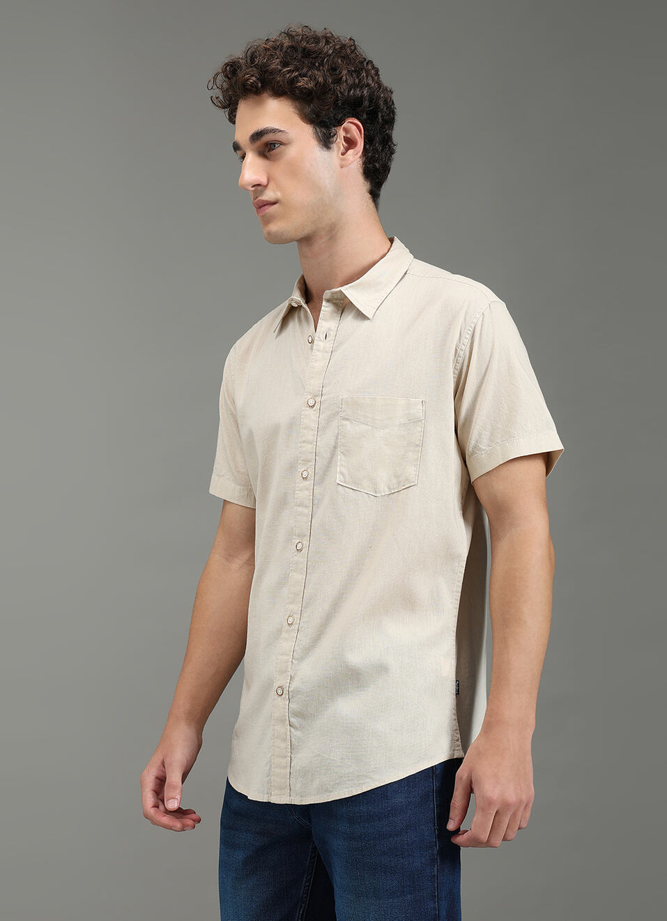 Men Beige Solid Short Sleeve Shirt, , large image number 7