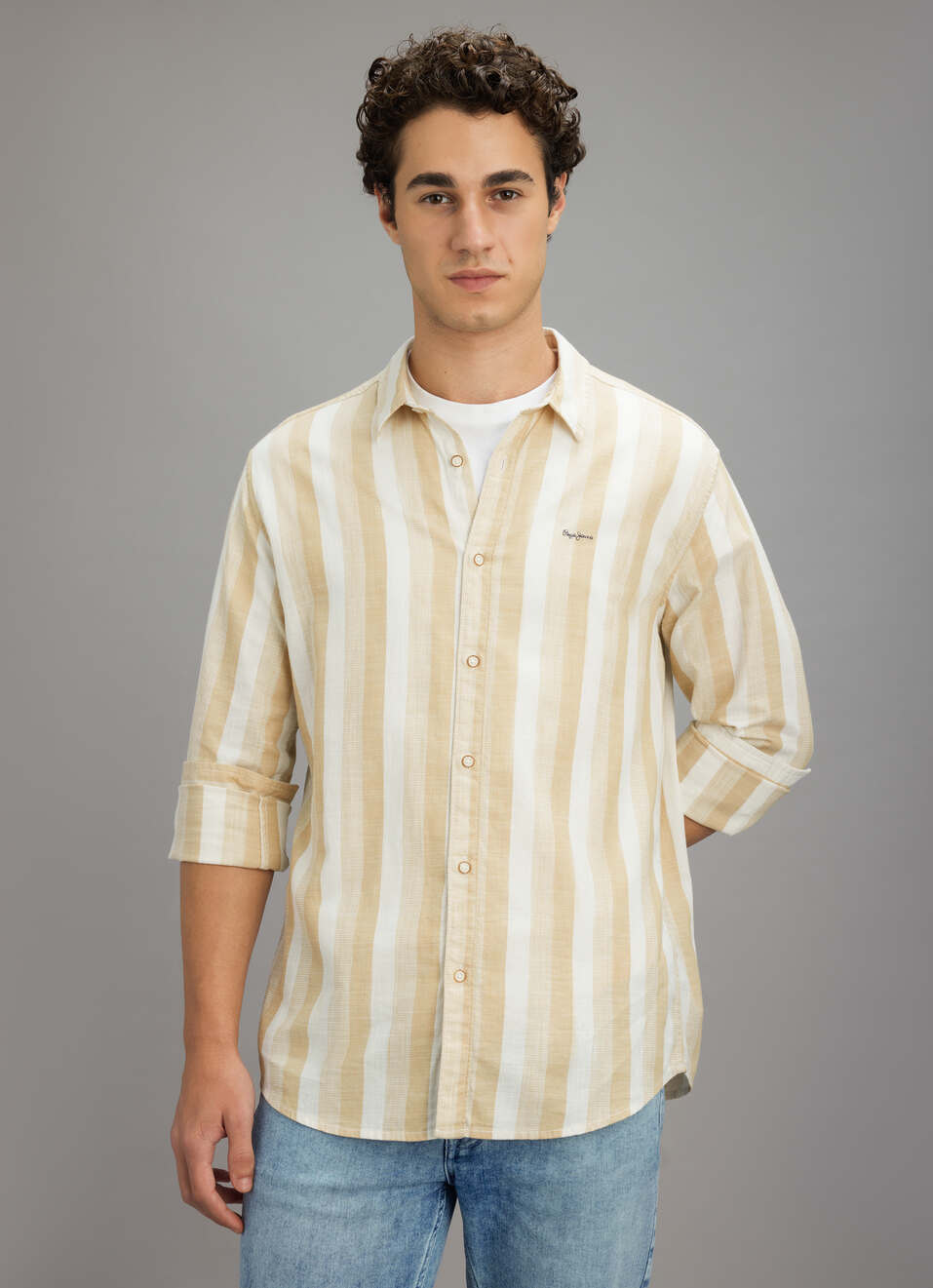 Men Beige Striped Shirt, , large image number 1