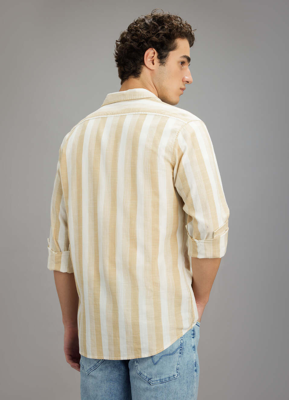 Men Beige Striped Shirt, , large image number 2