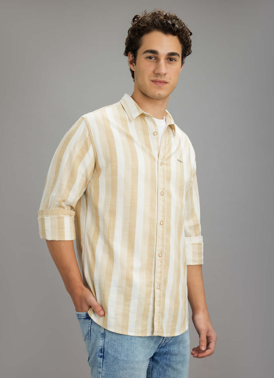 Men Beige Striped Shirt, , large image number 3