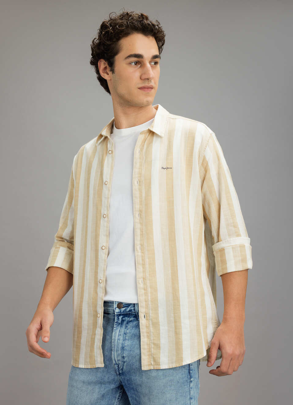 Men Beige Striped Shirt, , large image number 0