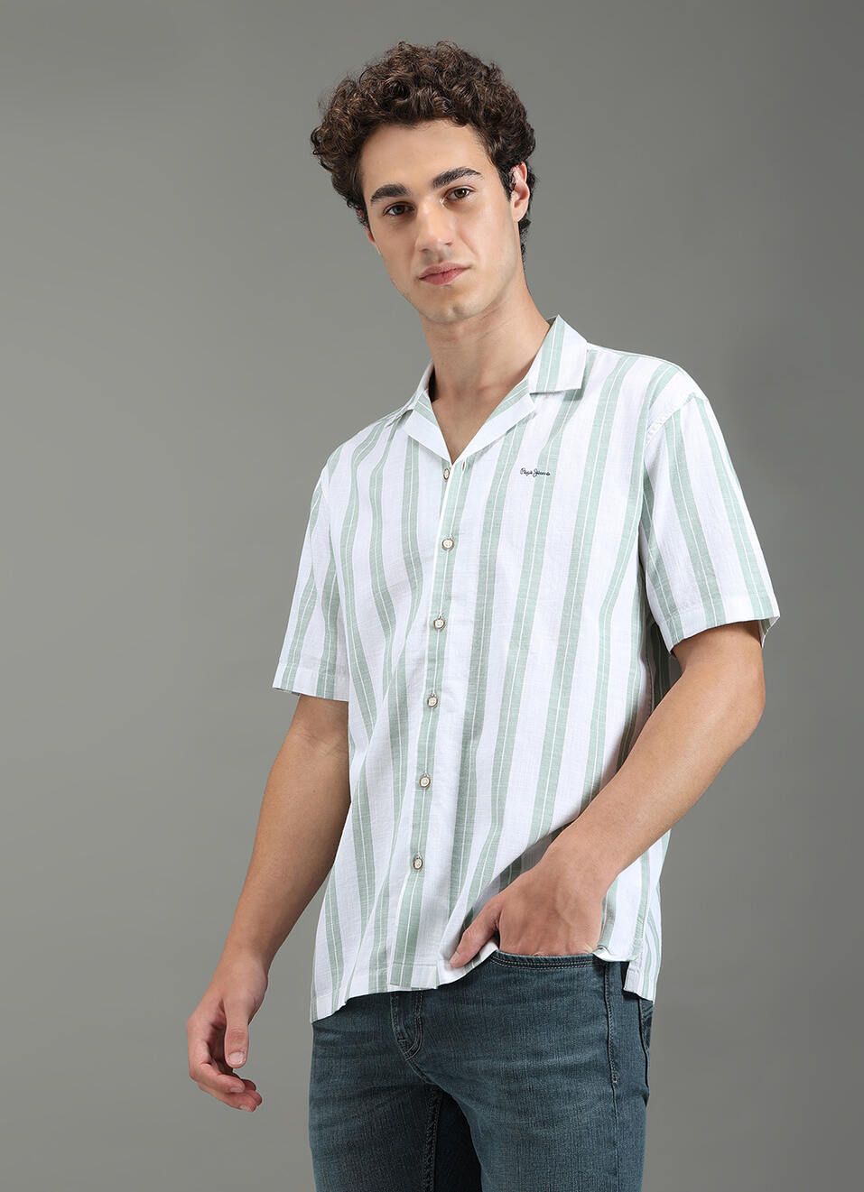 Men Green Striped Resort Collar Shirt, , large image number 6