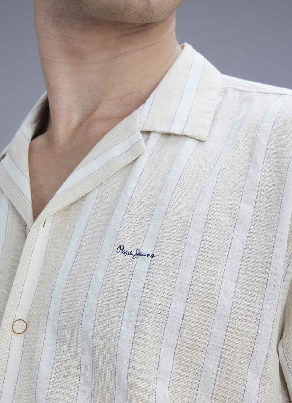 Men Beige Striped Resort Collar Shirt, , large image number 1