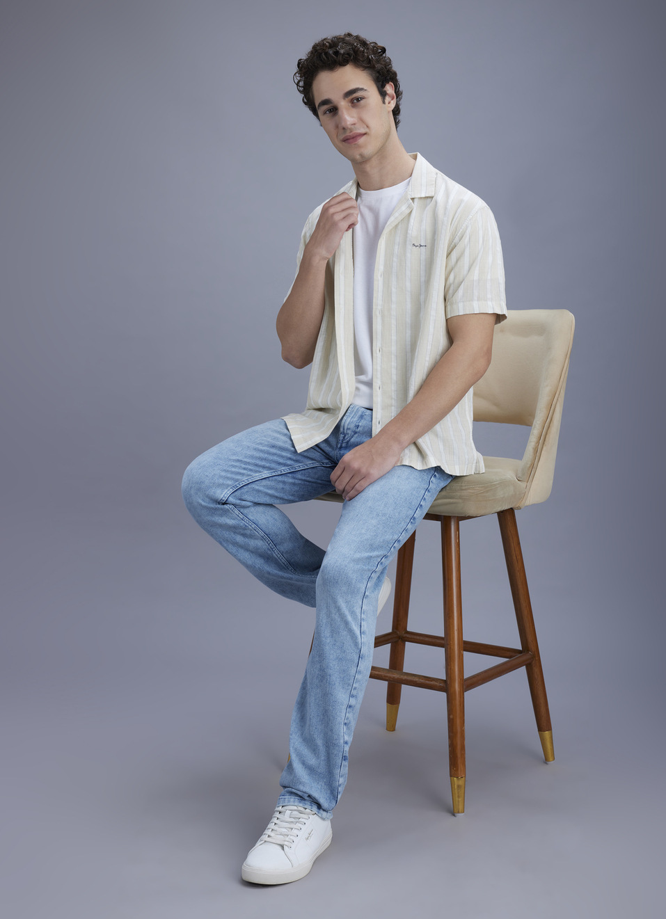 Men Beige Striped Resort Collar Shirt, , large image number 2