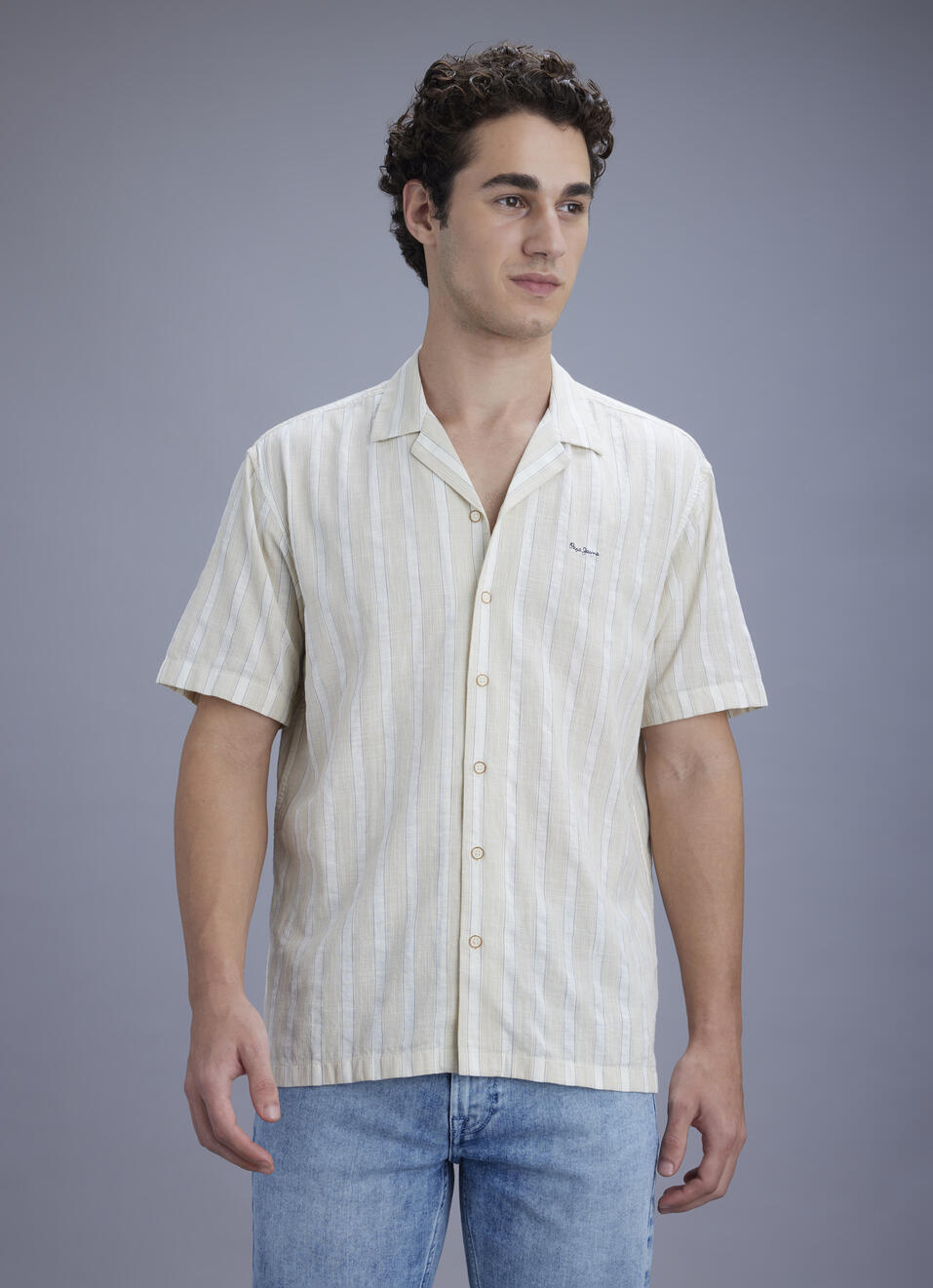 Men Beige Striped Resort Collar Shirt, , large image number 5