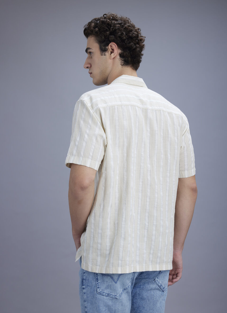 Men Beige Striped Resort Collar Shirt, , large image number 6