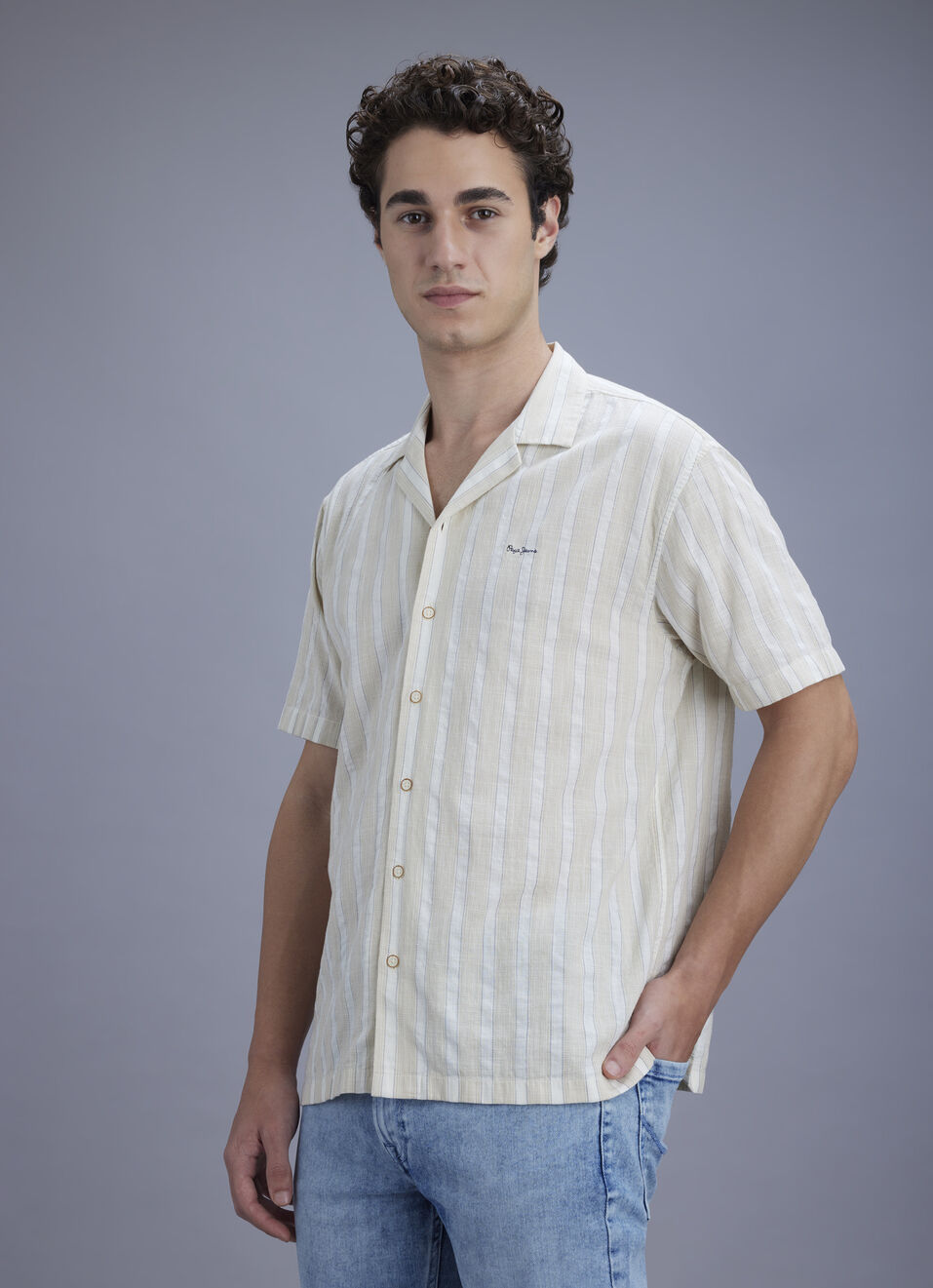 Men Beige Striped Resort Collar Shirt, , large image number 7