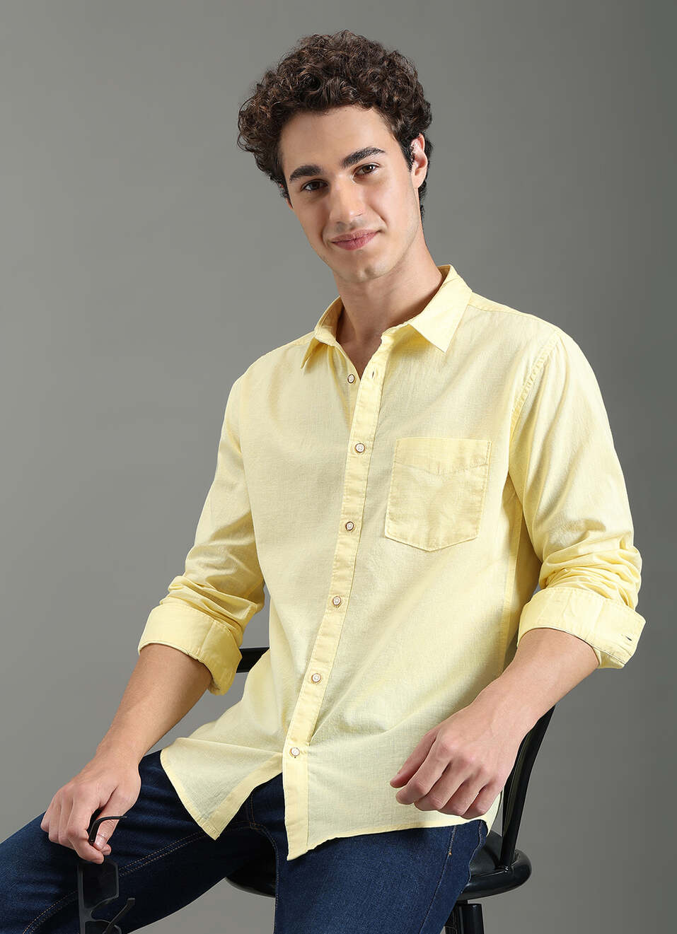 Men Yellow Solid Long Sleeve Shirt, , large image number 0