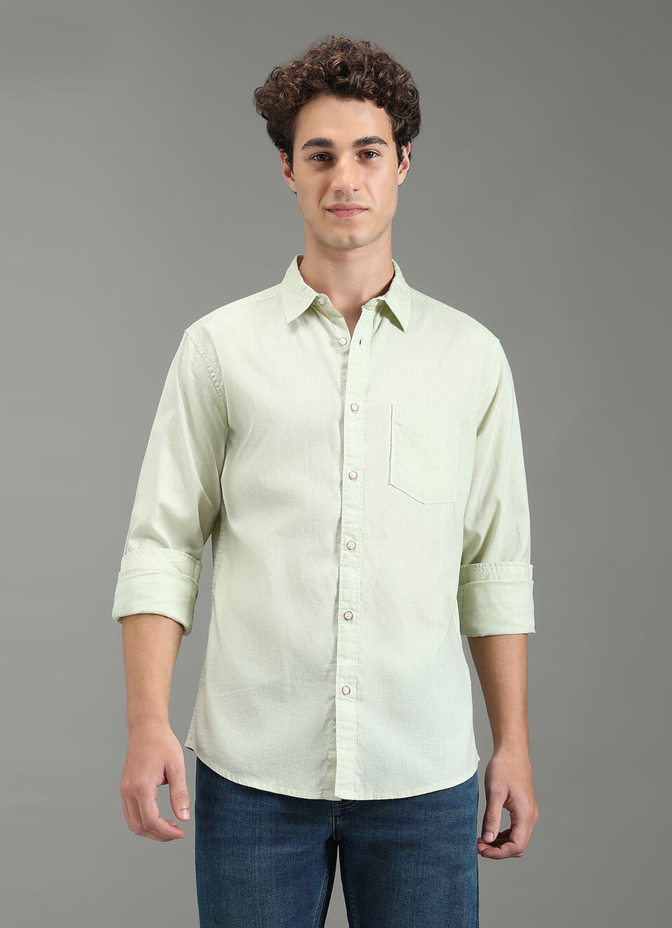 Men Green Solid Long Sleeve Shirt, , large image number 5