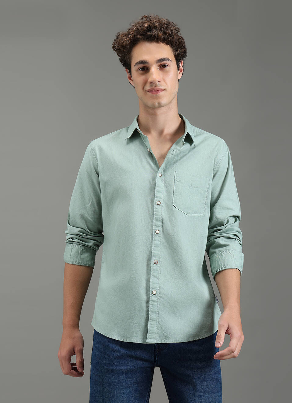 Men Green Solid Long Sleeve Shirt, , large image number 5
