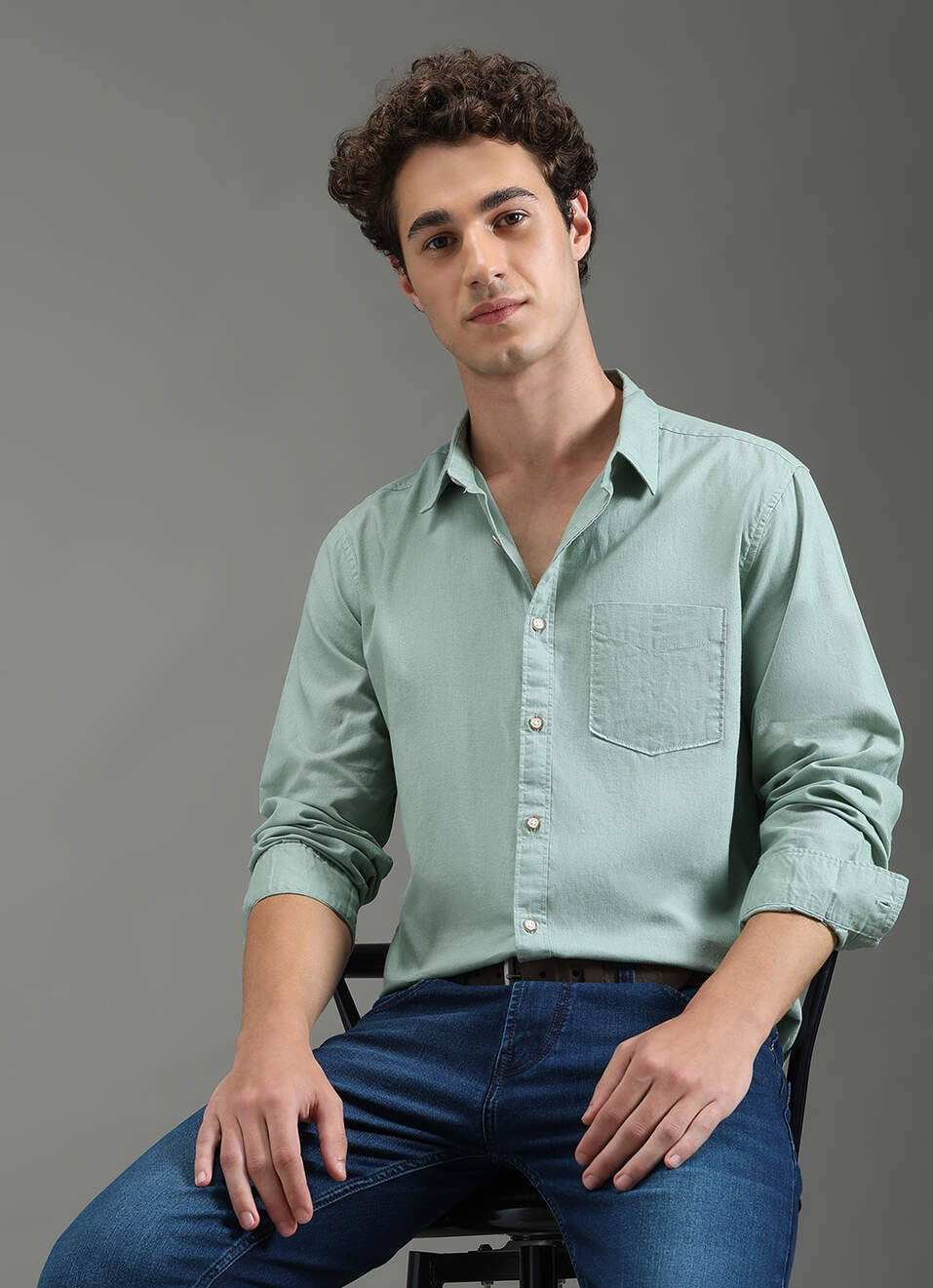 Men Green Solid Long Sleeve Shirt, , large image number 0
