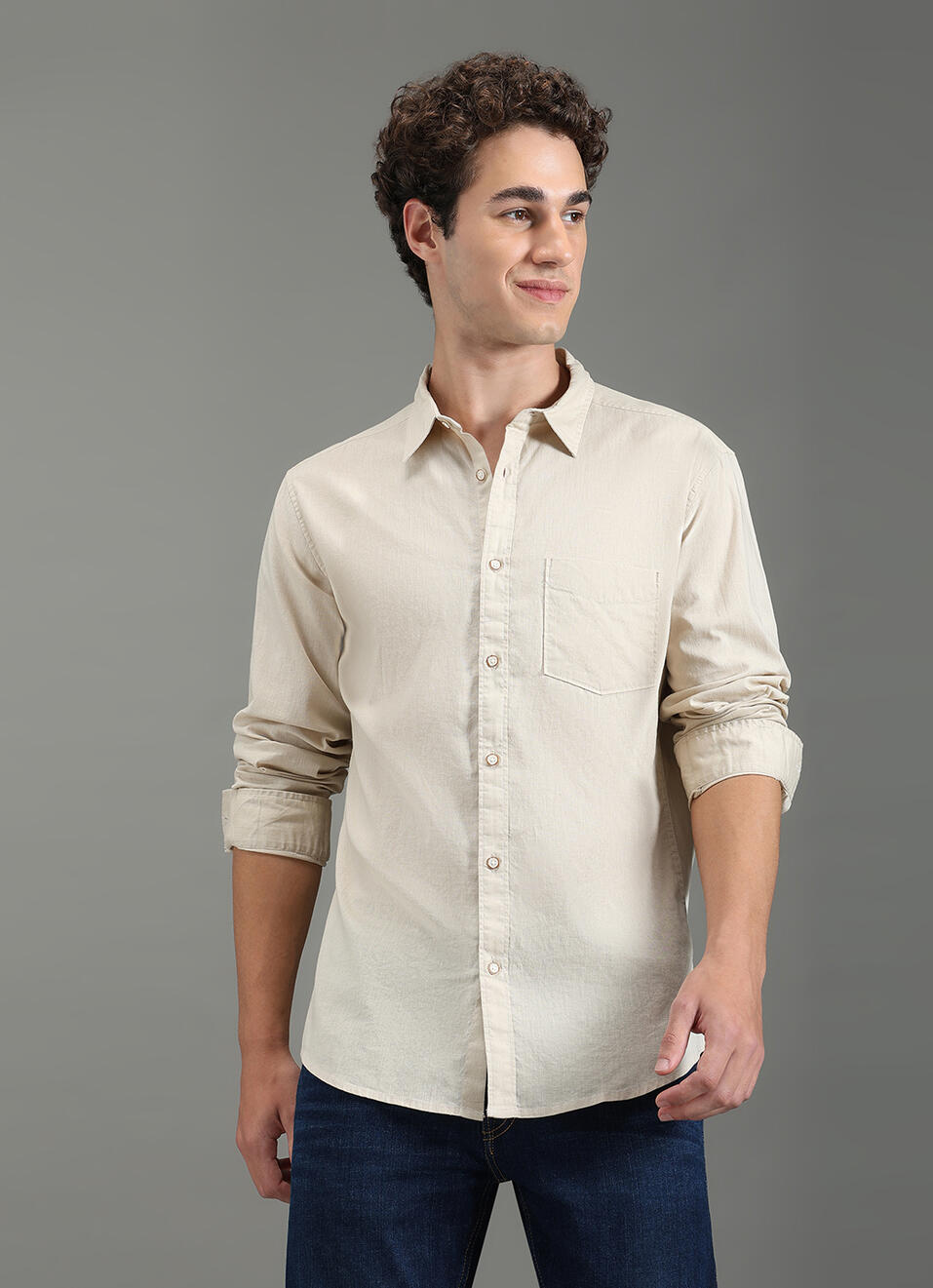 Men Beige Solid Long Sleeve Shirt, , large image number 5