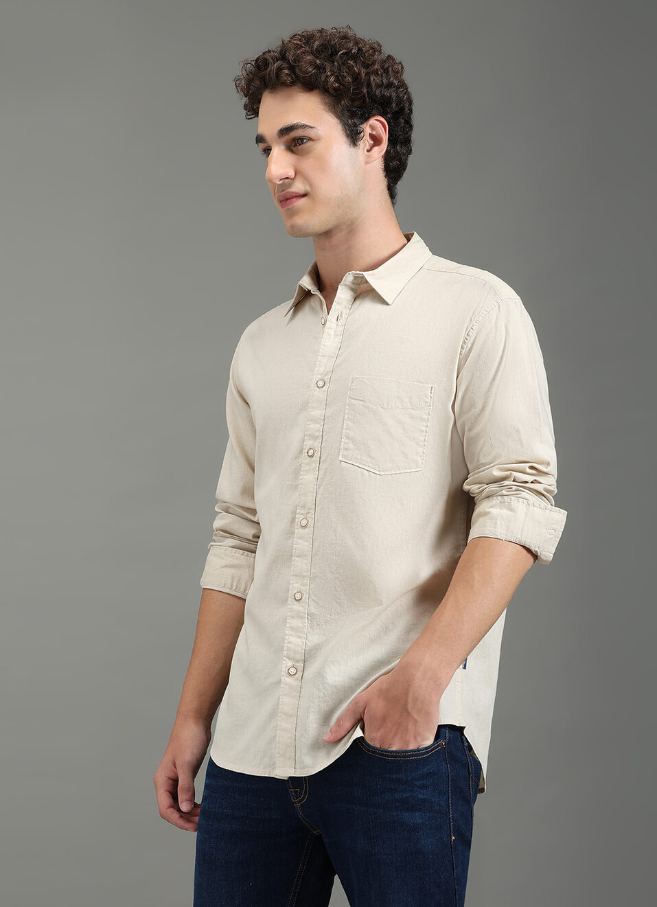 Men Beige Solid Long Sleeve Shirt, , large image number 7