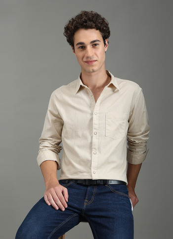 Men Beige Solid Long Sleeve Shirt