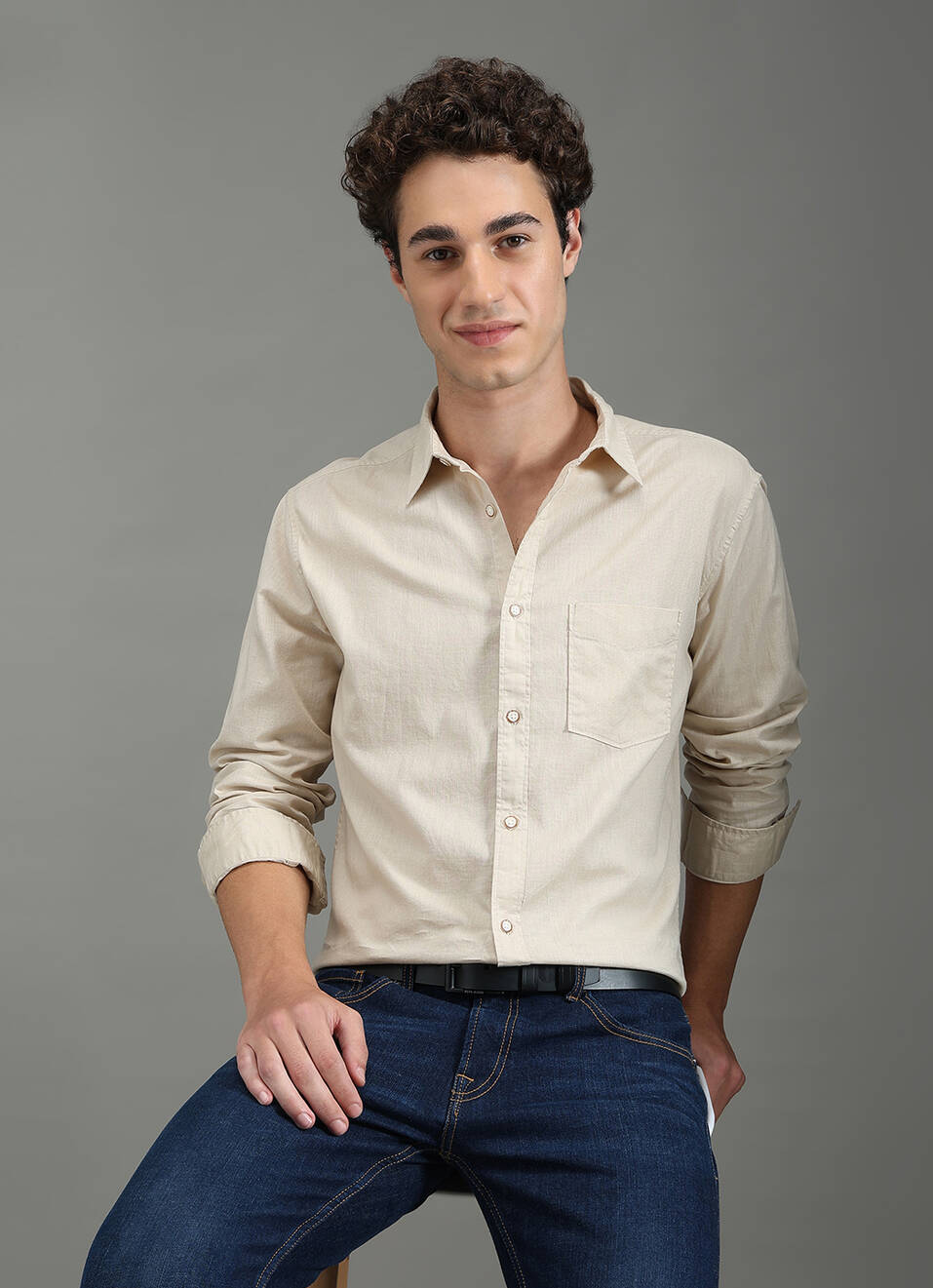 Men Beige Solid Long Sleeve Shirt, , large image number 0