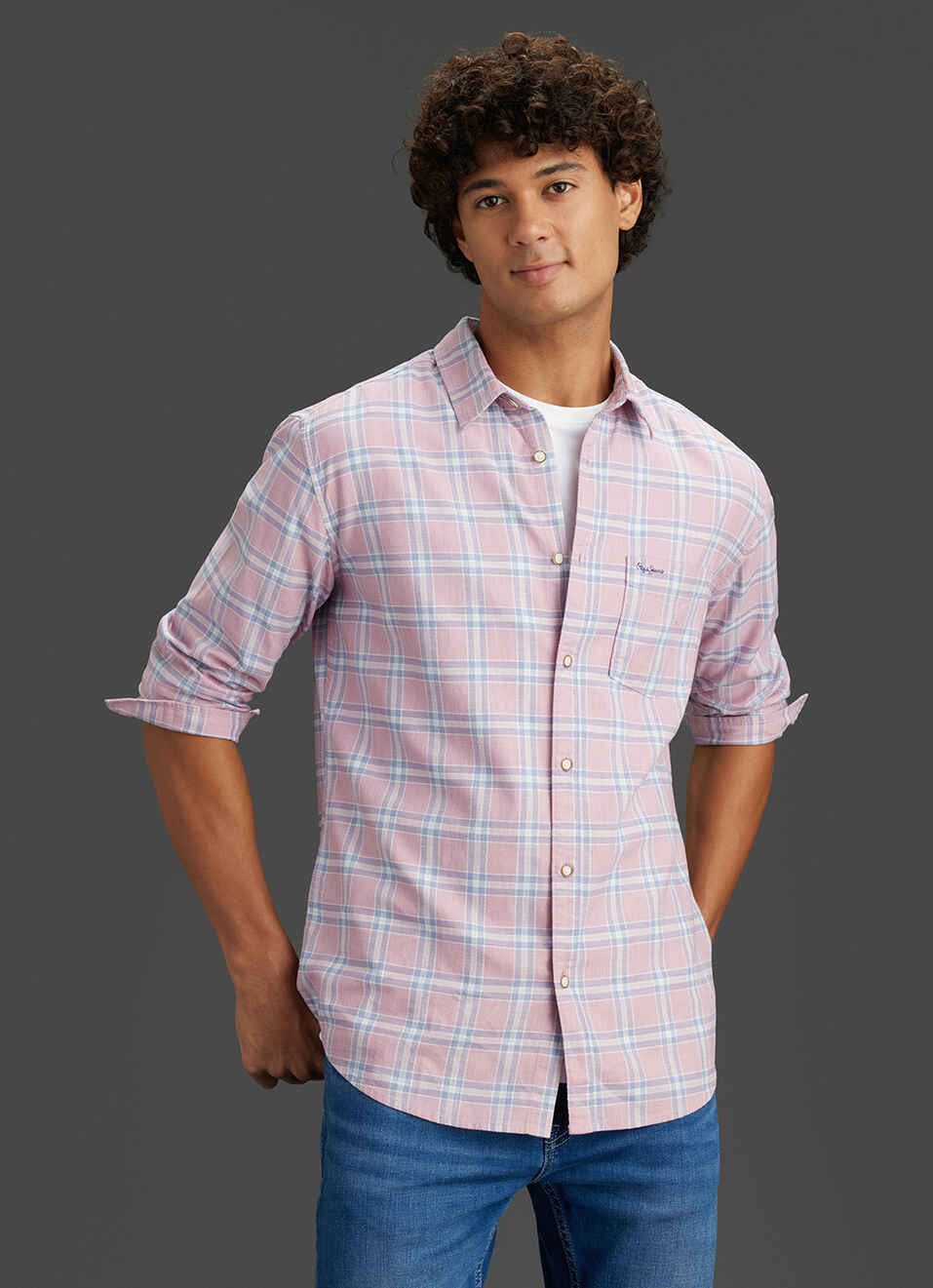 Men Peach Orange Regular Fit Full Sleeve Checked Shirt, , large image number 5