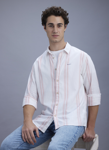 Men Peach Orange Striped Shirt