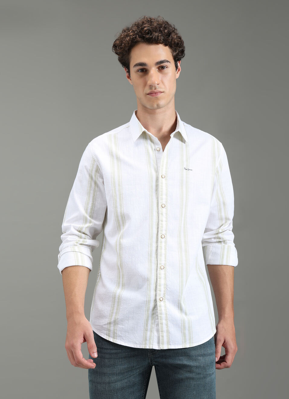 Men Green Striped Shirt, , large image number 1