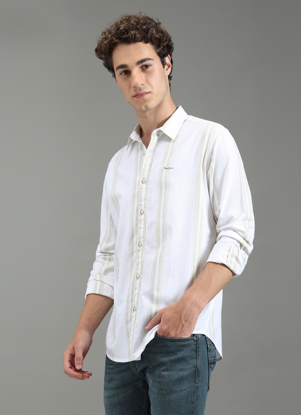 Men Green Striped Shirt, , large image number 3