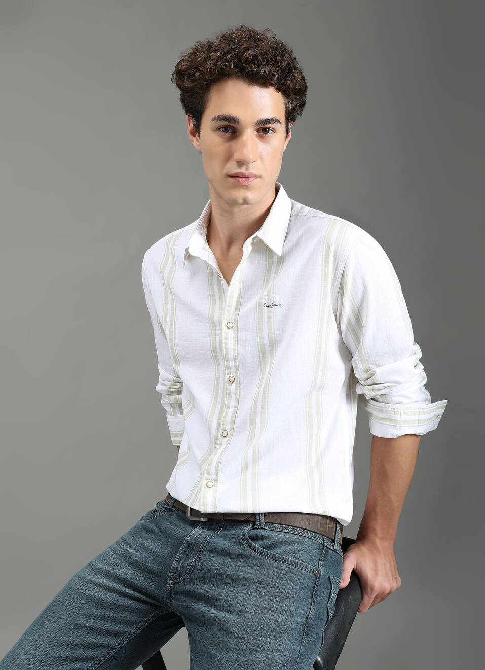 Men Green Striped Shirt, , large image number 0