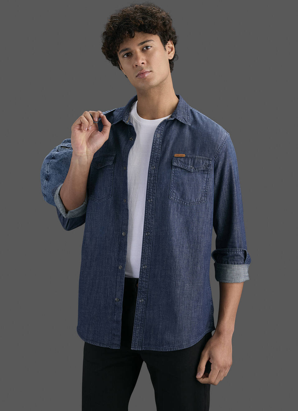Men Dark Blue Long Sleeve Denim Shirt, , large image number 0