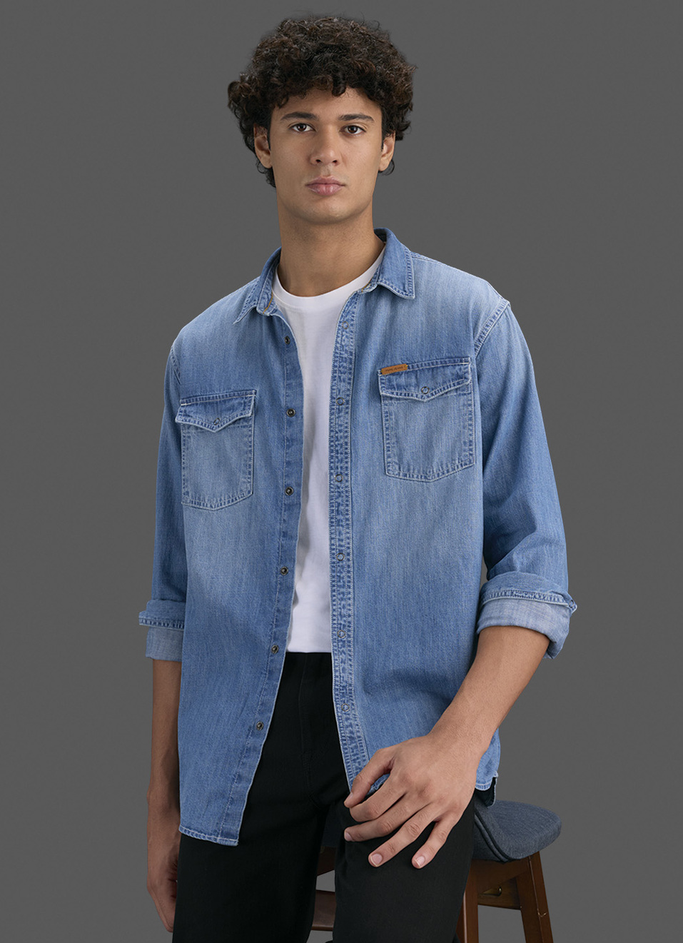 Men Blue Long Sleeve Denim Shirt, , large image number 0