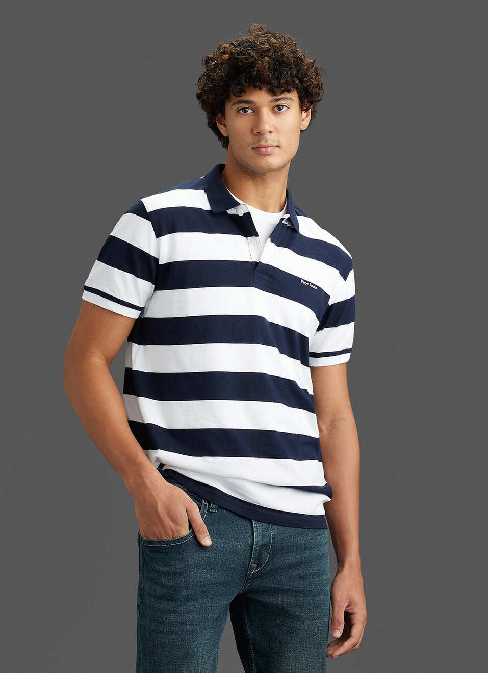 Men Navy Regular Fit Short Sleeve Striped Polo, , large image number 5