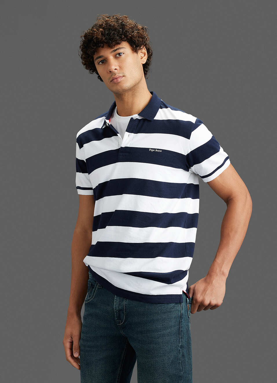 Men Navy Regular Fit Short Sleeve Striped Polo, , large image number 7