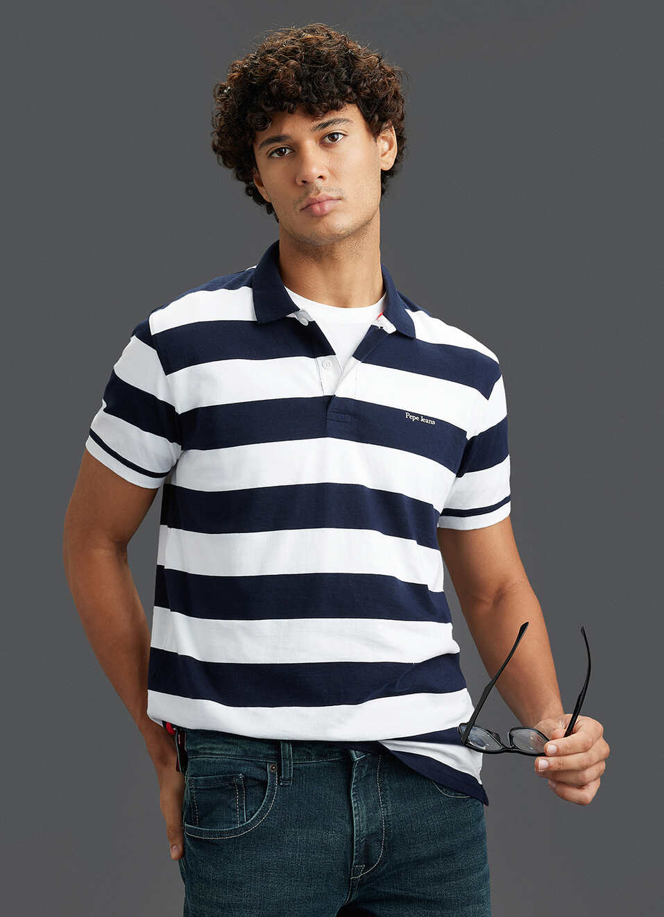 Men Navy Regular Fit Short Sleeve Striped Polo, , large image number 0