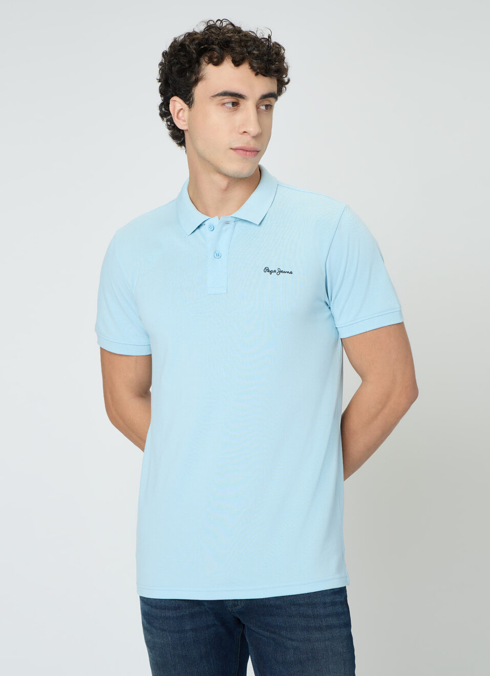 Men Sky Soild Blue Short Sleeves Polo, , large image number 1