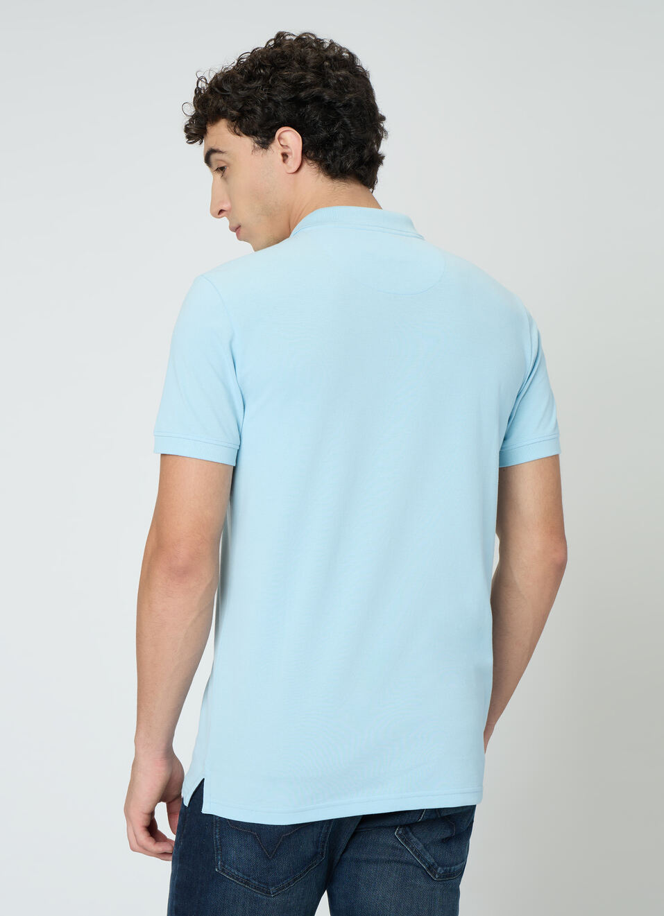 Men Sky Soild Blue Short Sleeves Polo, , large image number 2