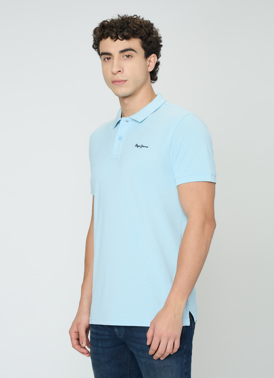 Men Sky Soild Blue Short Sleeves Polo, , large image number 3