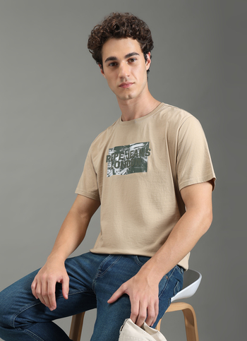 Men Beige Relaxed Fit Graphic T-shirt