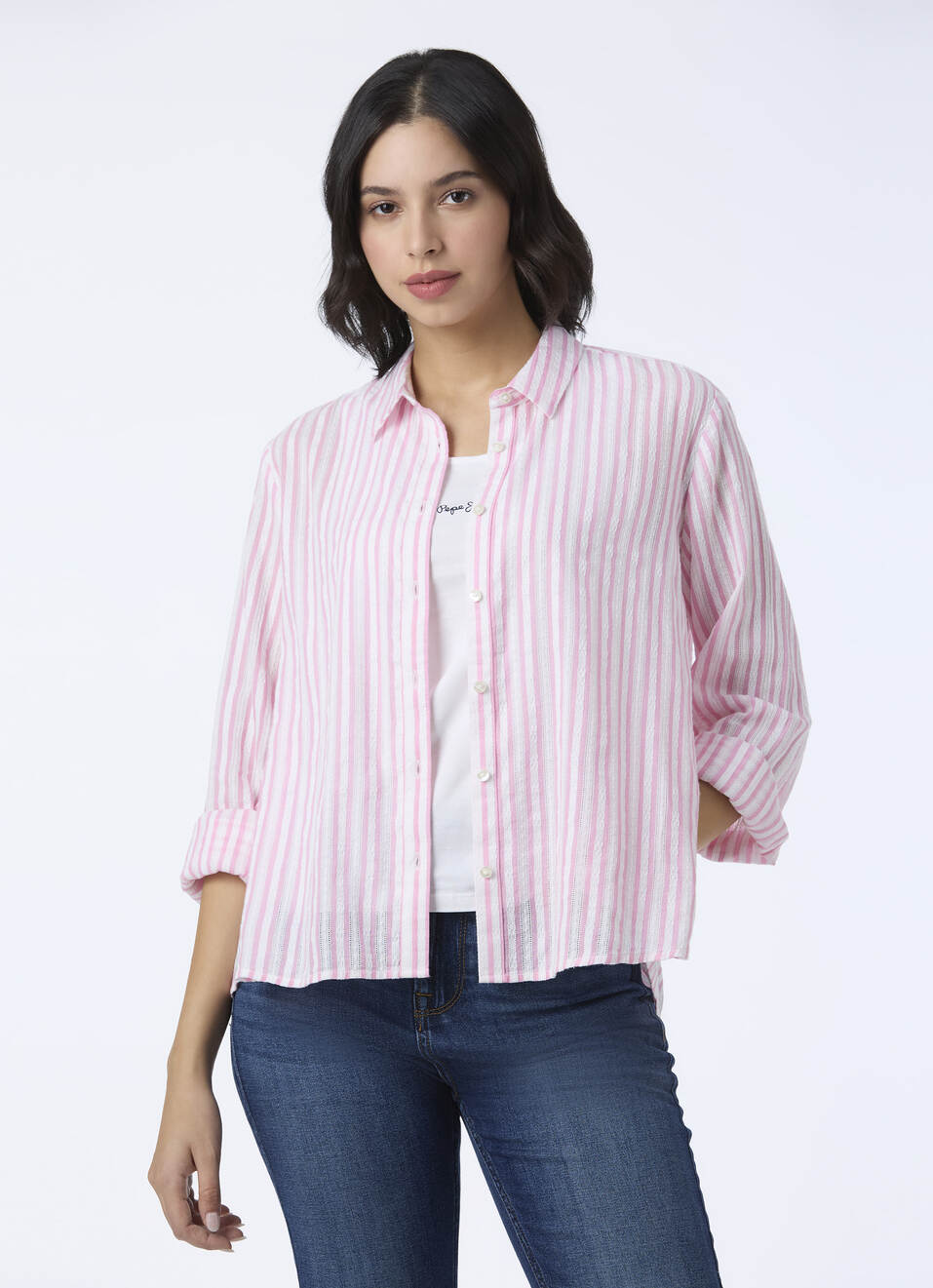 Women Pink Stripe Full Sleeve Shirt, , large image number 0