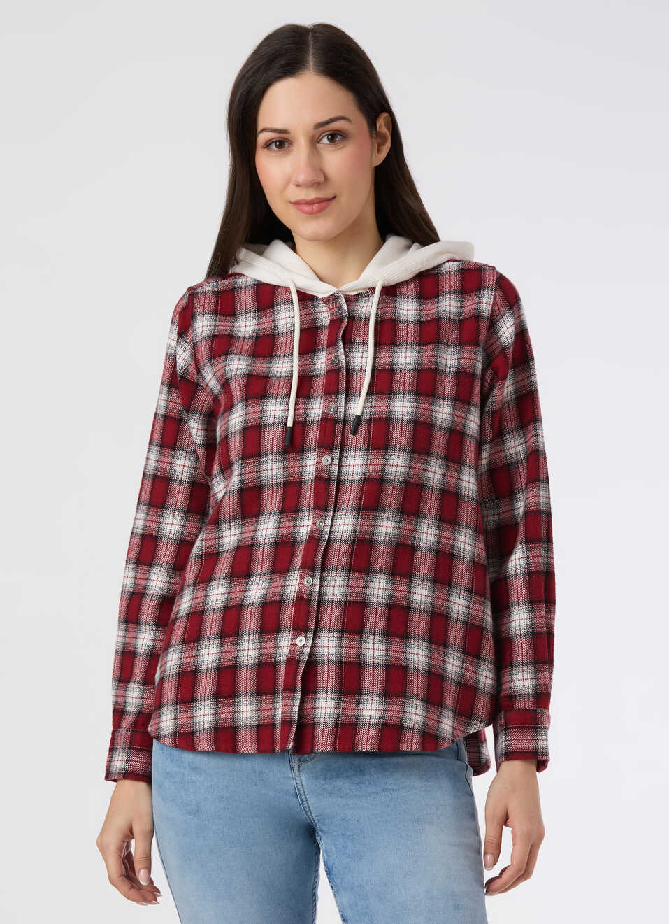 Women Red Checked Hooded Regular Fit Shirt, , large image number 1