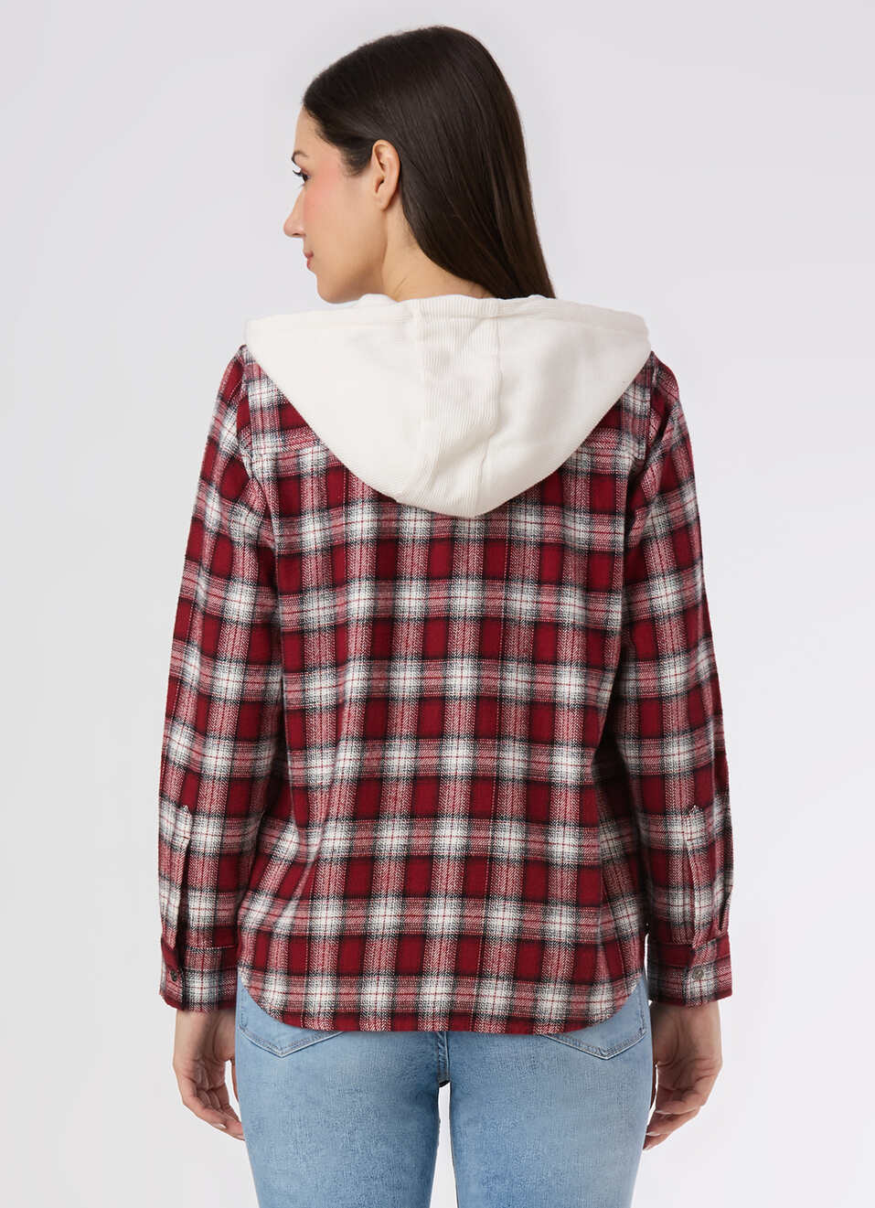 Women Red Checked Hooded Regular Fit Shirt, , large image number 2