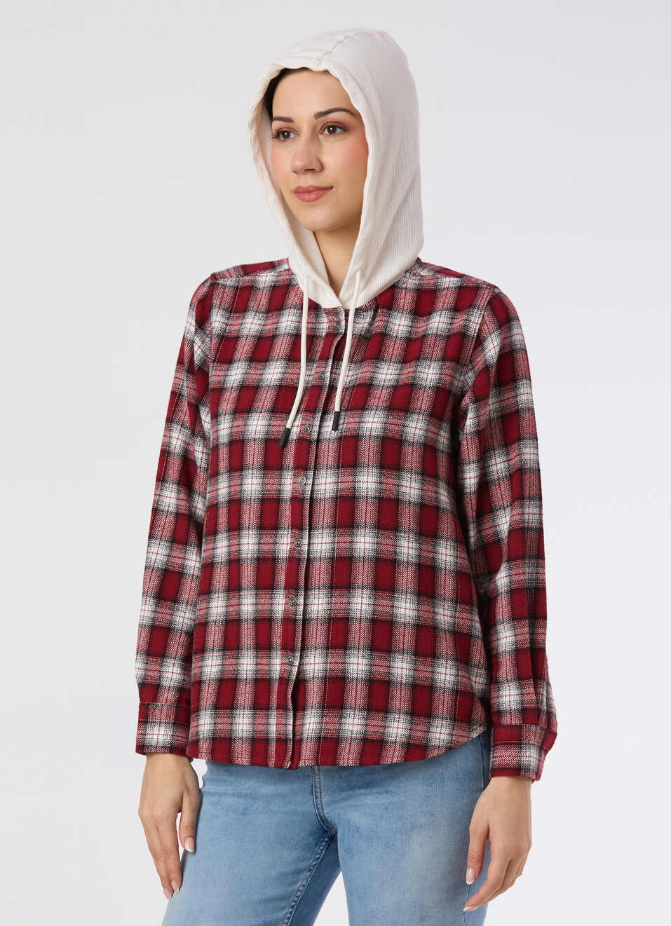 Women Red Checked Hooded Regular Fit Shirt, , large image number 6