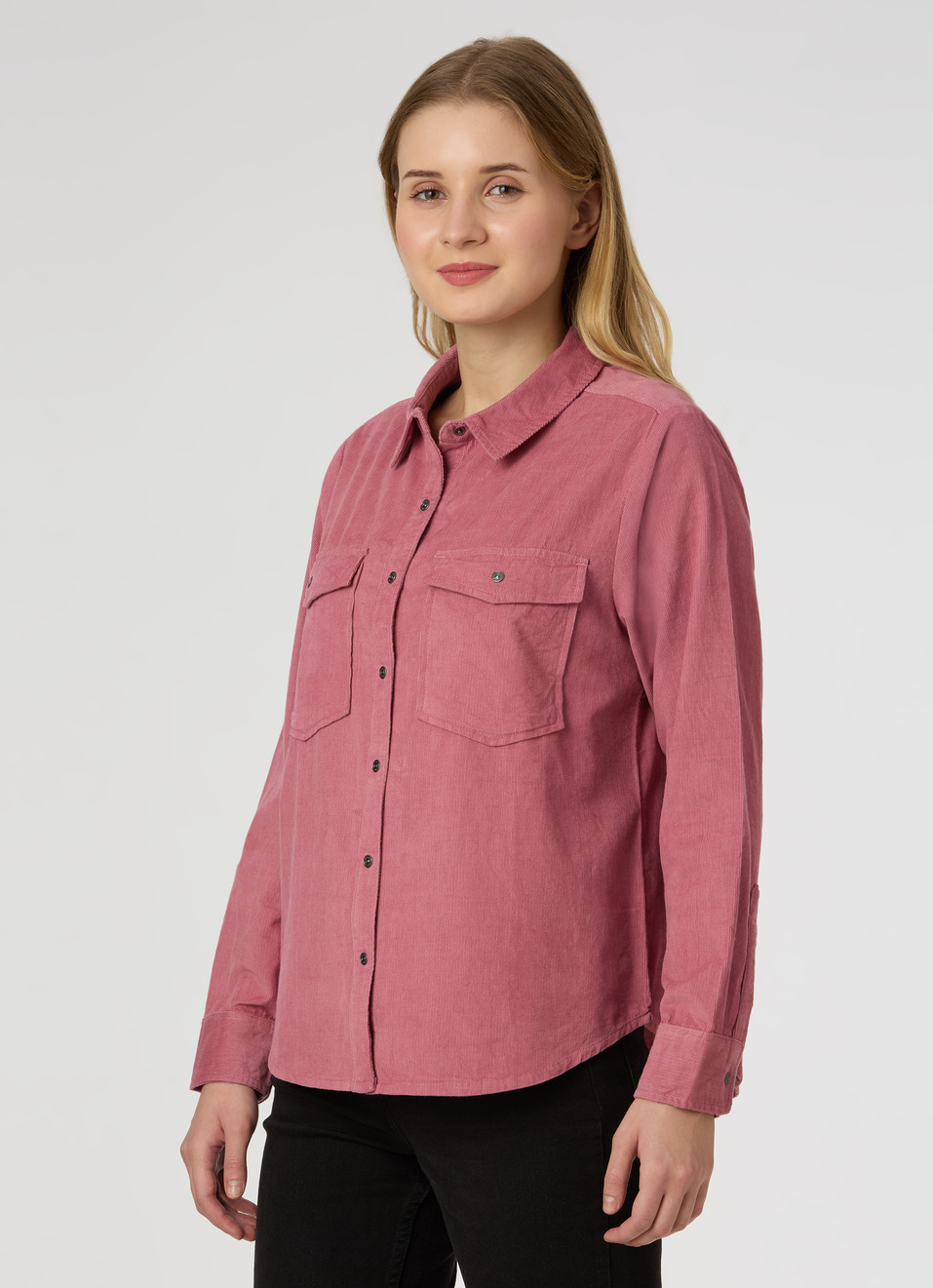 Women Black Corduroy Shirt With Flap Pocket, , large image number 3