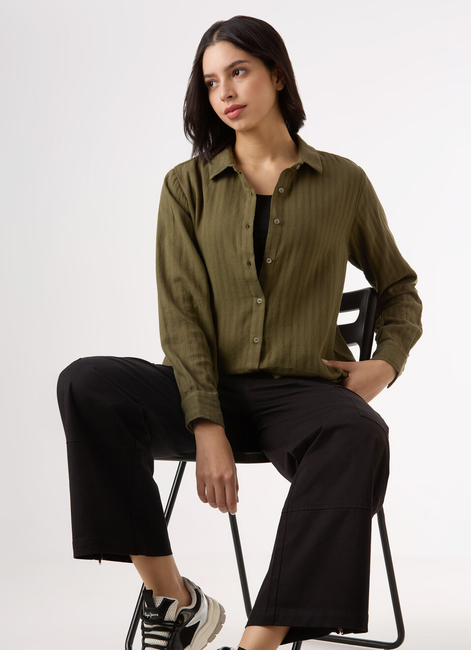 Women Green Textured Regular Full Sleeve Shirt, , large image number 0