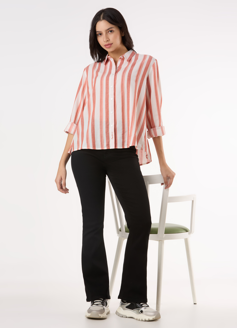 Women Orange Vertical Stripe Comfort Full Sleeve Shirt, , large image number 5