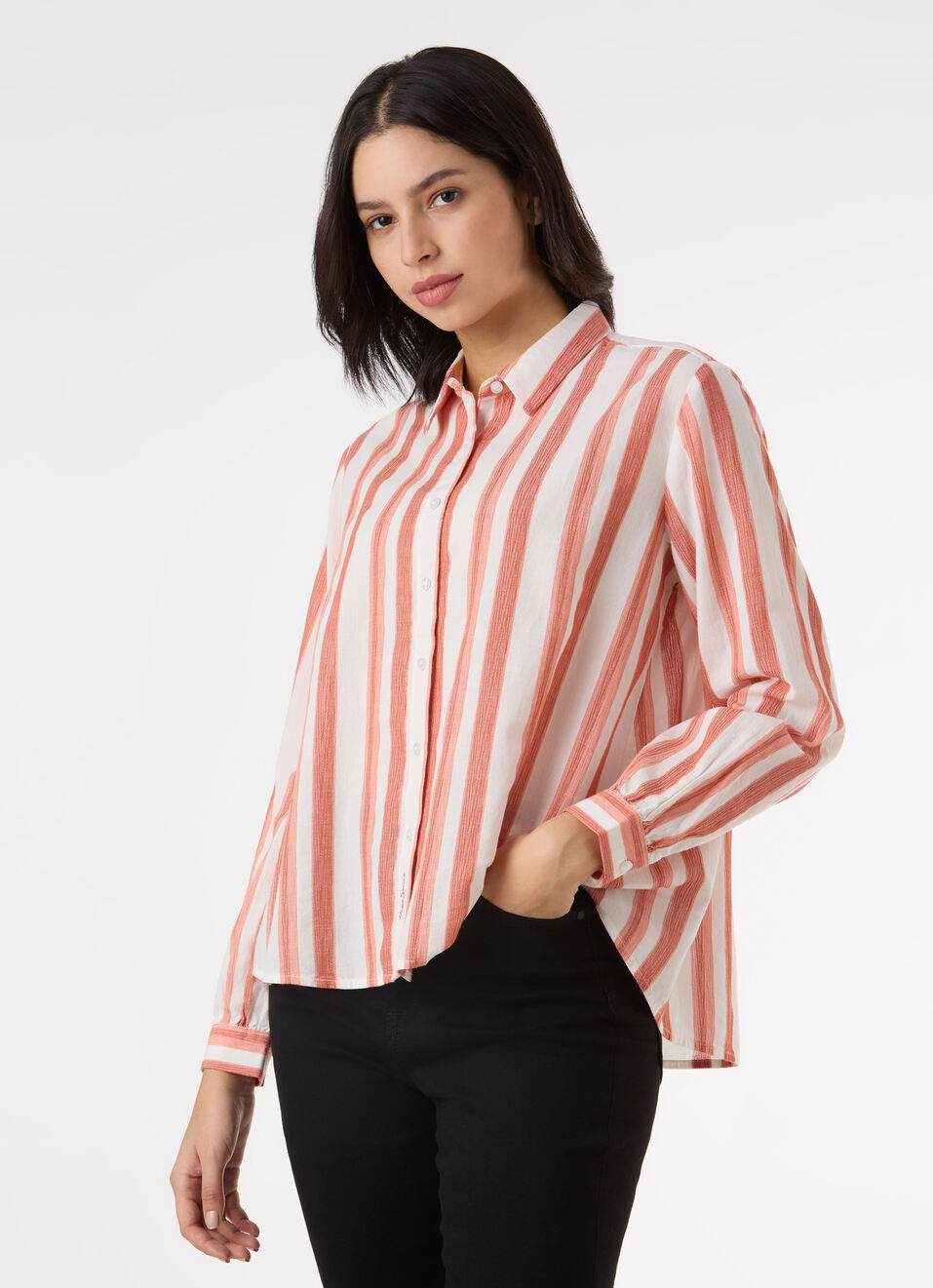 Women Orange Vertical Stripe Comfort Full Sleeve Shirt, , large image number 0