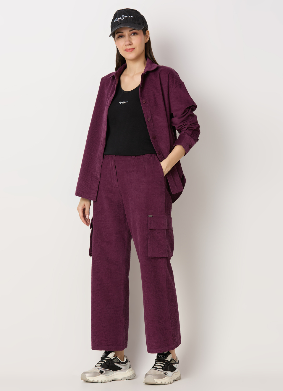 Women Purple Oversized Corduroy Textured Full Sleeve Shirt, , large image number 5