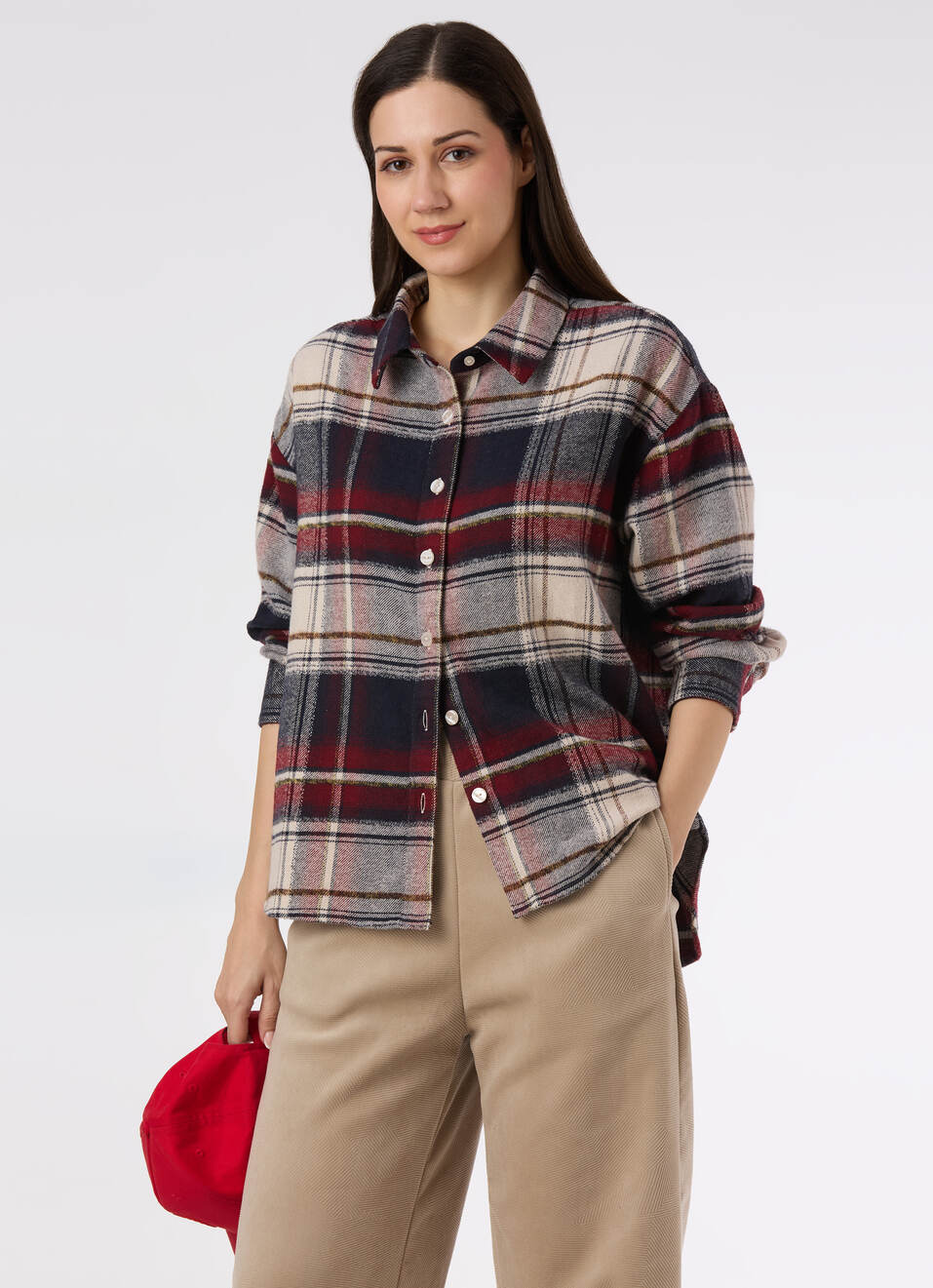 Women Red Oversized Checked Shirt, , large image number 0