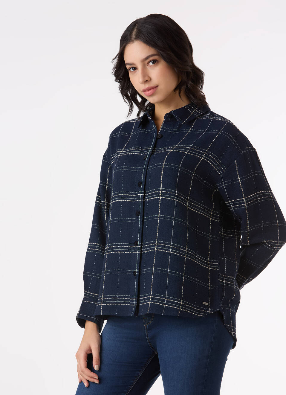 Women Navy Checked Oversized Shirt, , large image number 3