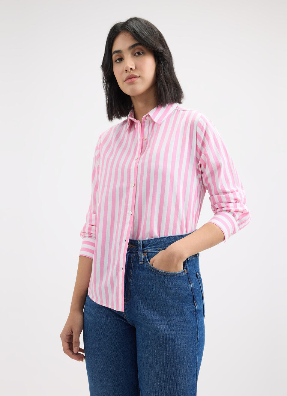 Women Pink Vertical Stripe Full Sleeve Shirt, , large image number 0