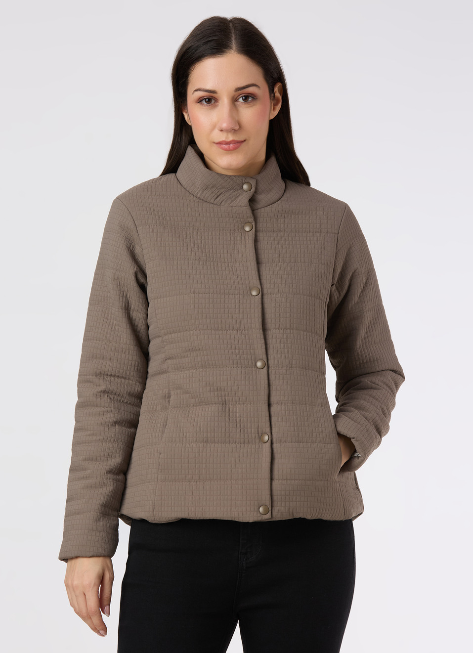 Women Grey Regular Fit High Neck Quilted Jacket, , large image number 1