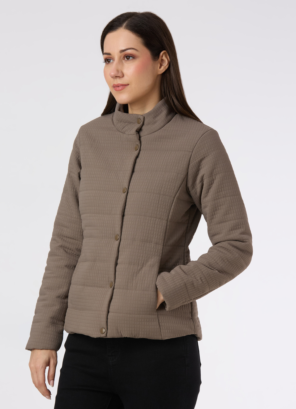 Women Grey Regular Fit High Neck Quilted Jacket, , large image number 3