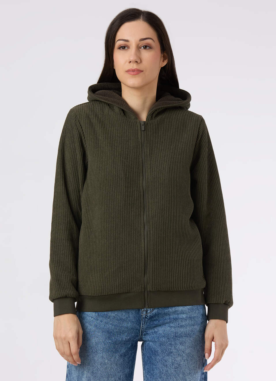 Women Olive Green Textured Hooded Zip Up Jacket, , large image number 1
